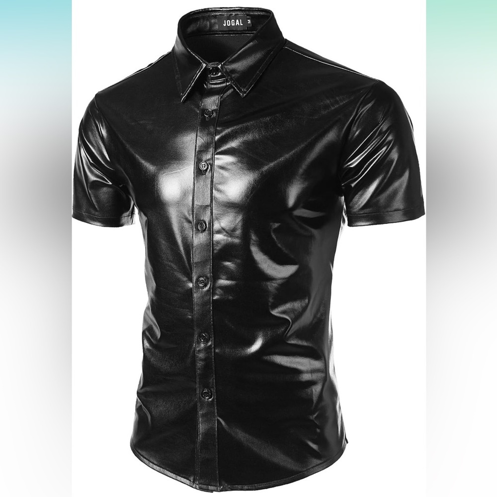 Mens 70s Disco Shiny Metallic black Short Sleeve Button Down Shirt (C174)